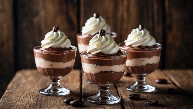 Delicious chocolate parfait served in glasses on a rustic wooden table