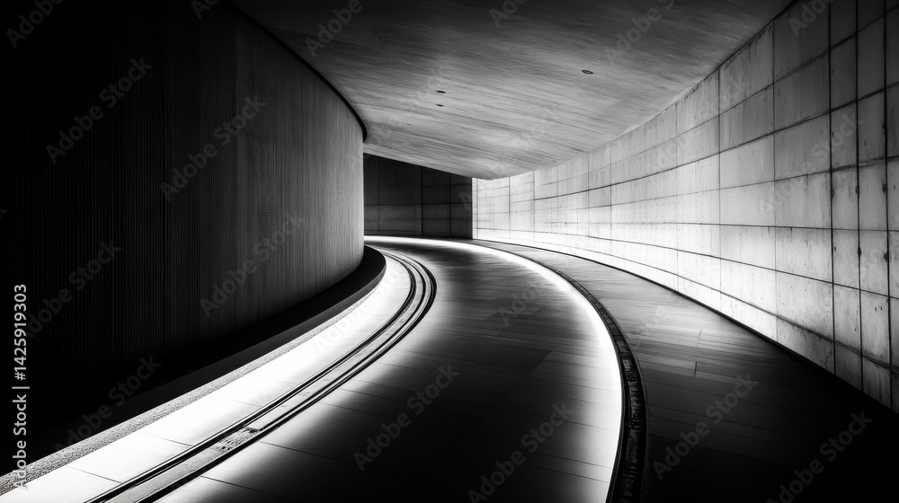 Leinwandbilder A subway tunnel with illuminated track rails running through a dark, curved passage, with soft lighting casting shadows on the concrete walls for a dramatic effect
