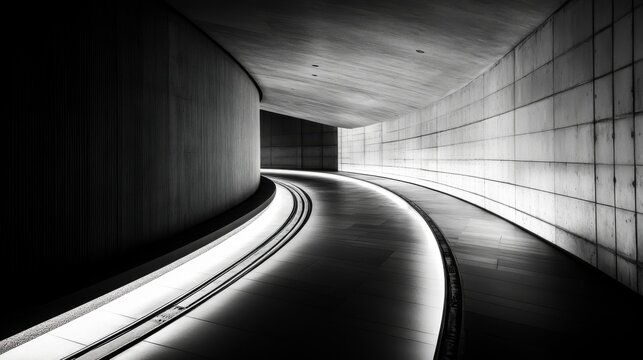 A subway tunnel with illuminated track rails running through a dark, curved passage, with soft lighting casting shadows on the concrete walls for a dramatic effect