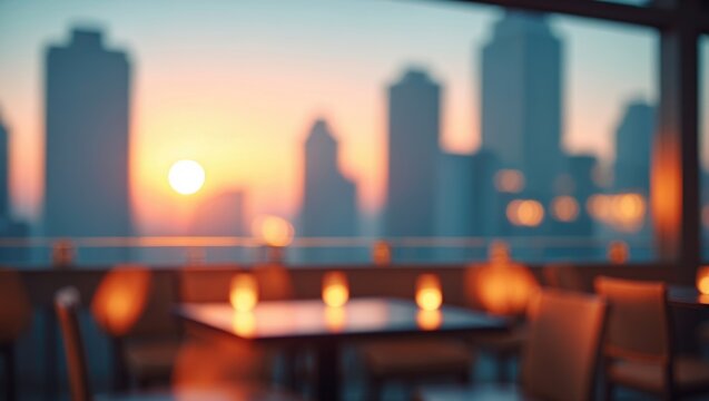 Sunrise scene with unfocused rooftop terrace and glowing sunset background