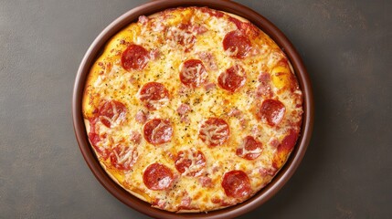 Top view of crispy pepperoni pizza with salami slices