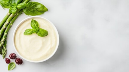 Creamy asparagus dip in a bowl, garnished with fresh basil