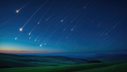 Night sky illuminated by falling meteorites and shooting stars