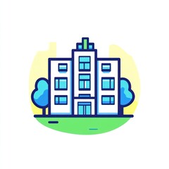 Modern building, sunny day, green landscaping, website illustration