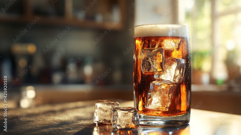 Poster a tall glass of beer with large ice cubes inside, set on a smooth countertop with natural light refl