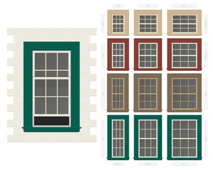 Vector single hung colonial style typical window set in different sizes and colors