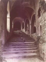 Stone staircase leading to arched passageway in an old building exterior.