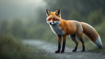 Fototapeta premium Close-up of a stationary fox with sharp focus on distant object amid a blurred natural background