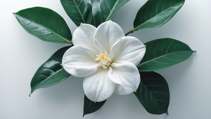 Obraz premium Macro shot of a gardenia flower with leaves against a white background