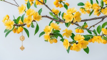 Fototapeta premium Yellow Apricot Flower branch with blossom and hanging lucky charm on white background, featuring a pastel yellow floral banner of Hoa mai Flowers tree