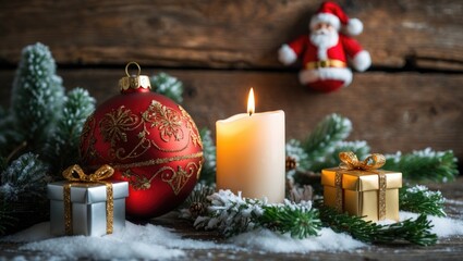 Vintage Christmas background featuring candle and bauble