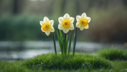 Obraz premium Close-up of three daffodils blooming on a mound
