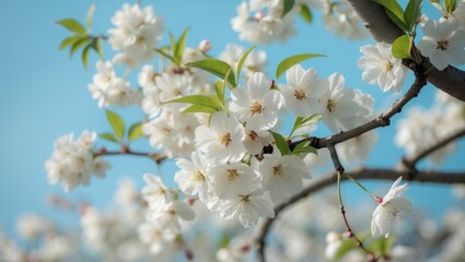 Close-up of Cherry Flowers Blooming on a Tree Branch