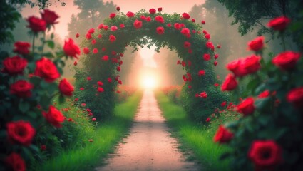 Fantasy art wallpaper of blurred spring nature scene with summer pathway, mysterious dirt road, mystical world, fairytale landscape of green grass, trees, bushes, red roses, and magical lighting,