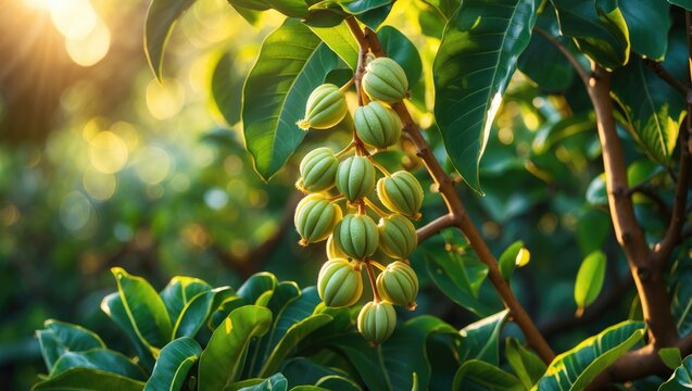 Tropical orchard with blooming longan flowers and developing green fruits on Dimocarpus longan, a tree from the soapberry family Sapindaceae