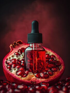Pomegranate Seed Oil in Dropper Bottle on Vibrant Red Background