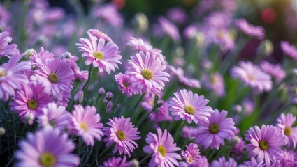 Obraz premium Side view of stunning light purple flowers in garden bed with selective focus