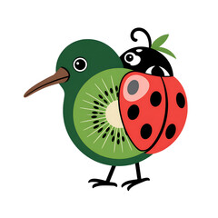 Obraz premium Fruit animal hybrid (kiwi bird, strawberry ladybug), whimsical vector art on transparent background