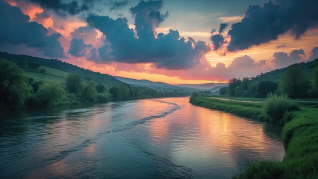 Cheremosh river glides peacefully at sunset amid lush green trees with soft clouds reflecting warm sunset hues, forming a tranquil scenic view
