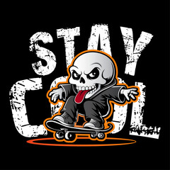 T-shirt design with skull and slogan. Vintage typography for tee print with slogan stay cool free. Skull with grunge texture in vintage and hipster style