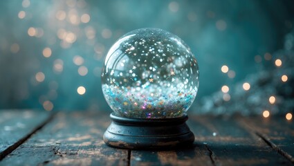 Empty snow globe with glitter overlay on wooden table, capturing a magical holiday concept with copy space