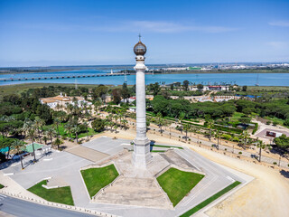 Aerial drone view of the Monument to the Discoverers, also known as Columna del IV Centenario, in...