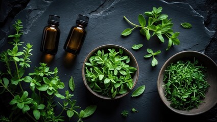 Essential oregano oil in glass bottles with fresh herbs on a black background, top view