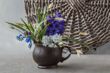 Spring Bouquet with Hyacinth, Scilla, Puschkinia, Fritillaria Uva-Vulpis and Botanical Tulip