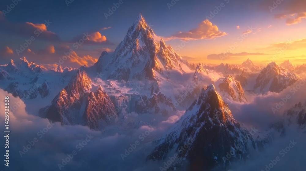 Poster a tranquil scene of a mountain range at sunset, with the peaks glowing in warm golden hues and the v