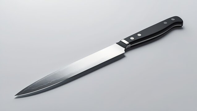 Big black stainless steel kitchen knife with sharp blade on white background