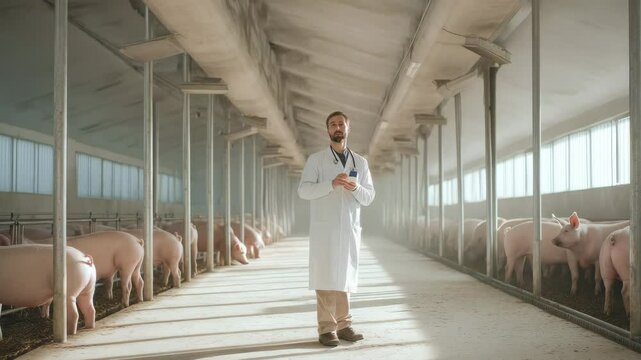 Pig farm with veterinarian in barn