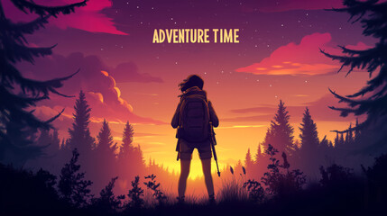 Obraz premium Woman with travel backpack is standing in a forest at sunset. The image is titled 