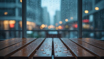 Rainy day scene with wooden table and window backdrop for display