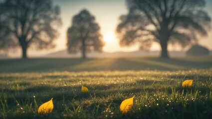 Early autumn morning with a dewy leaf in a meadow and a scenic background