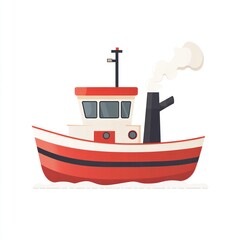 Obraz premium Red fishing boat at sea, calm waters, smoke, illustration
