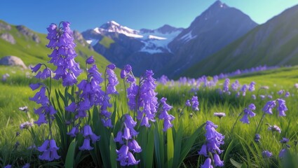 Obraz premium Beautiful summer landscape of blooming wildflowers and mountains at sunrise