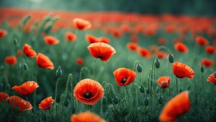 Crimson poppy blossoms in a lush field