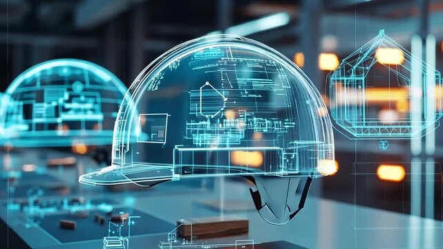 Advanced safety helmet design for construction with digital schematics overlay concept