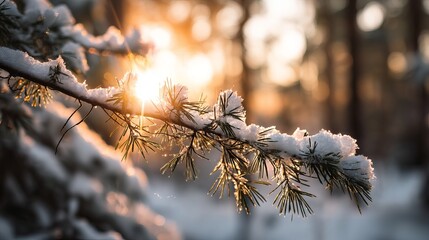 Snow Covered Pine Branch Winter Sunrise Golden Hour Nature Photography Forest Scene Peaceful Tranquil Serene Magical Winter Wonderland Beautiful Frosty Branches Sunlight Through Trees Wintertime Image