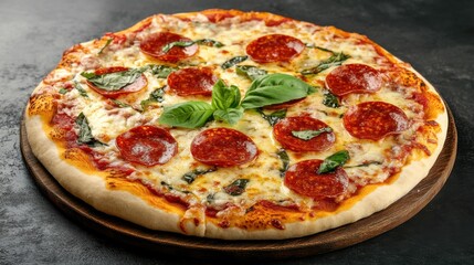 Hot Pepperoni Pizza with Cheese and Fresh Basil
