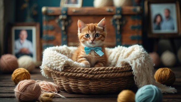 Adorable striped kitten in a wicker basket with colorful yarn balls