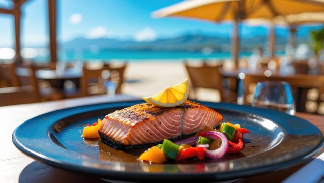 Grilled tuna fish steak served on a black plate at an outdoor cafe by the sea in Montenegro