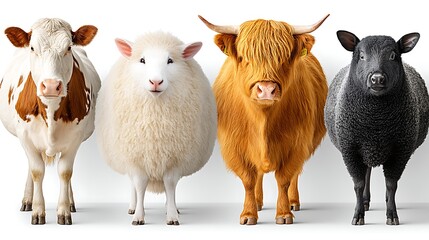 Farm Animals on White Background Featuring Cow, Sheep, and Pig