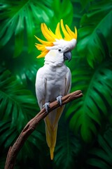 A white parrot sitting on a branch in front of green leaves