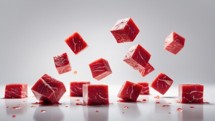 Falling beef cube isolated on background with full depth of field
