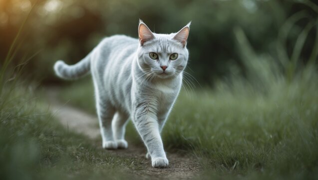 British Shorthair cat walking on grass during summer