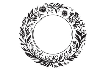 botanical circle frame logo silhouette vector, leaf circle silhouette logo icon vector, floral wreath with leaves for wedding, botanical circle frame wedding flower on white background.
