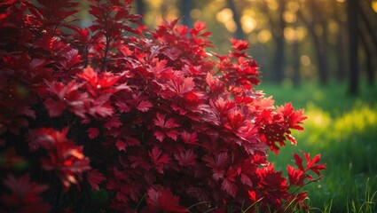 Red leaves on a bush in the forest with a grassy background during autumn