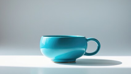 Decorative blue and turquoise cup on white background, vintage handmade mug for tea, coffee, or milk with a single handle