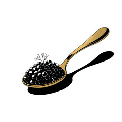Caviar in a gold spoon luxury food vector art black and gold tones on transparent background 